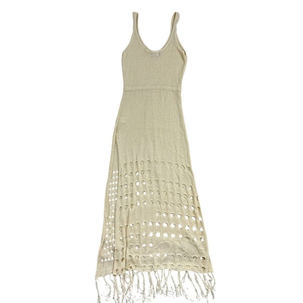 VICI Beige Open Knit Fringe Midi Dress Small Sleeveless Boho Beach Cover Up - Picture 5 of 8